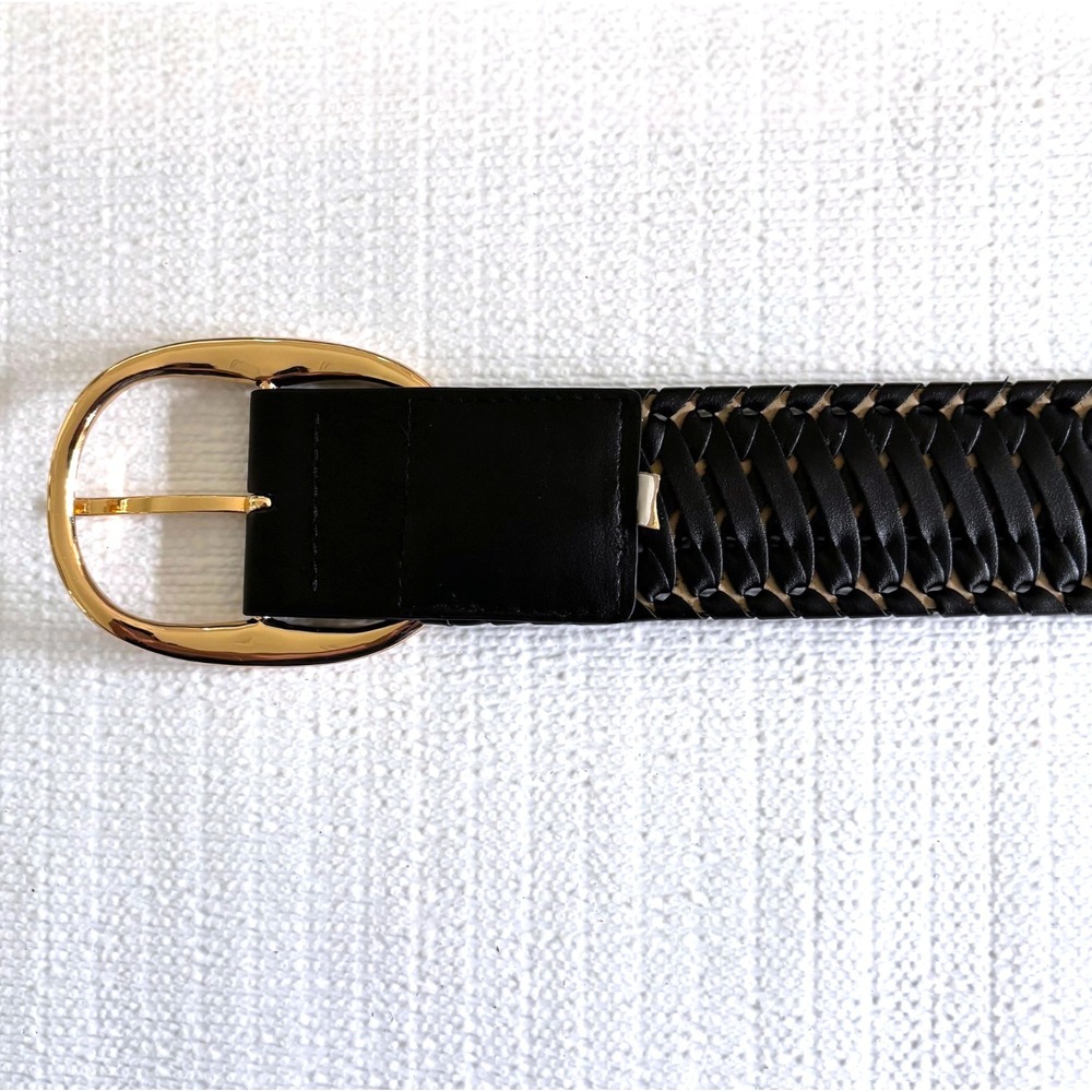 Black Woven Faux Leather Belt Sz L Gold Oval Buckle Boho Western Festival Rodeo‎ - Picture 6 of 7